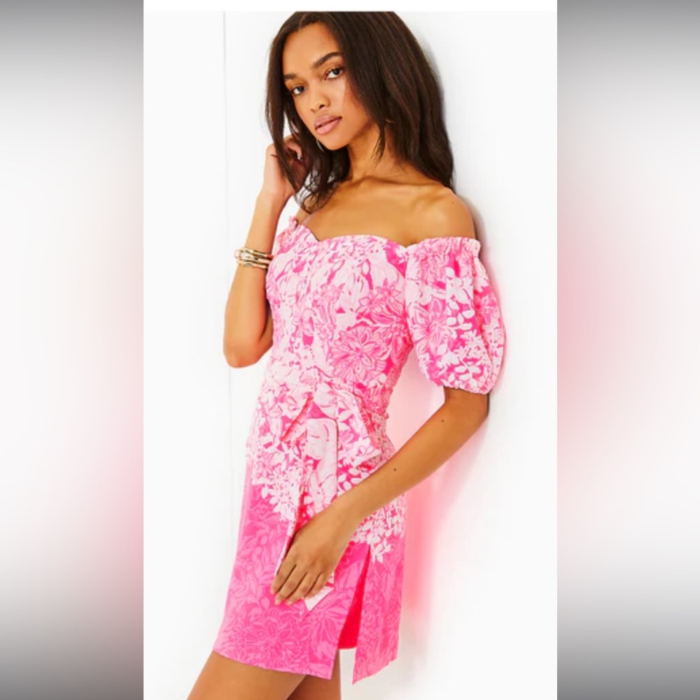 Lilly Pulitzer Winola off the shoulder romper. Roxie pink. Shadow dancer